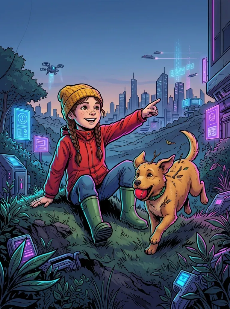 Forsiden til eksempelserien «Mia og Bamse» i stilen Cyberpunk / Sci-Fi