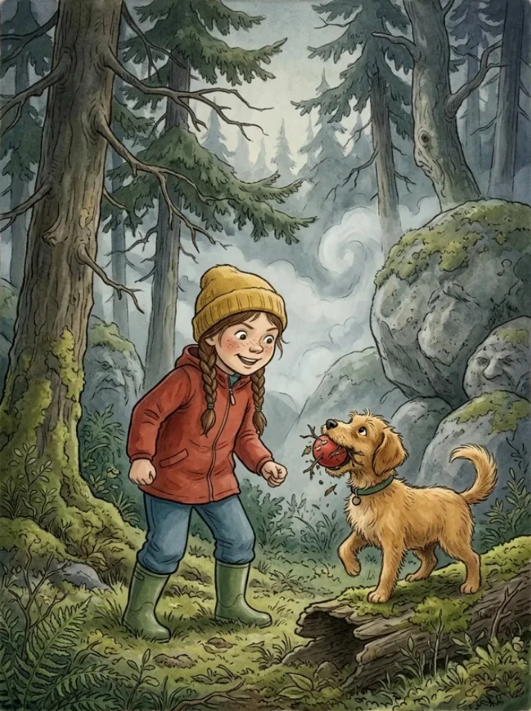 Forsiden til eksempelserien «Mia og Bamse» i stilen Norsk Juleeventyr (Akvarell)